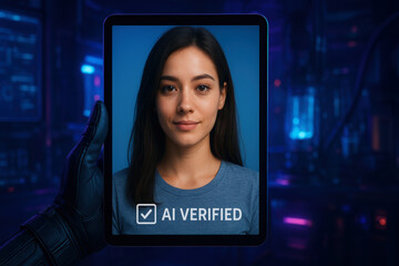 Ai verified digital identity of a young woman on a tablet screen