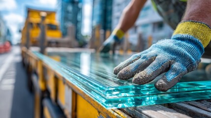 Close-up of a worker's gloved hand on stacked glass sheets on a truck bed in a construction site, focusing on safety and quality in industrial settings.