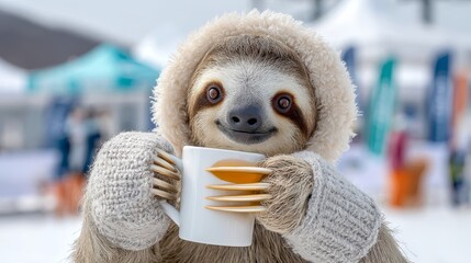 Sloth enjoys a warm drink while wearing cozy winter attire at a snowy event