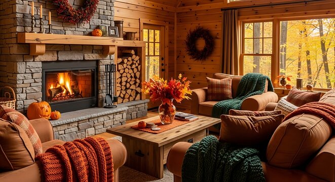 Cozy autumn living room with fireplace and fall decorations creating a warm and inviting atmosphere