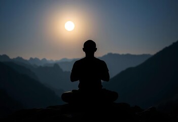 Silhouette of yogi meditating in serene mountain landscape under moonlit sky,  spirituality,  meditation