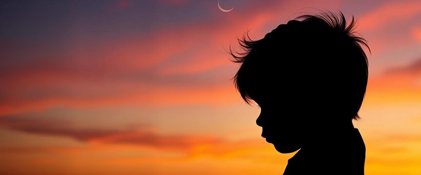 Silhouette of child scratching head, crescent moon, sunset sky  Depicts mental clutter, contemplation, and overcoming depression,  calm,  release - Powered by Adobe