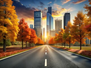 City skyline with autumn trees and road