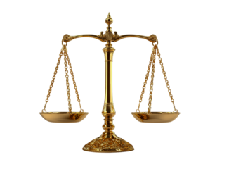 Antique brass balance scale symbolizing justice and legal fairness isolated on transparent background