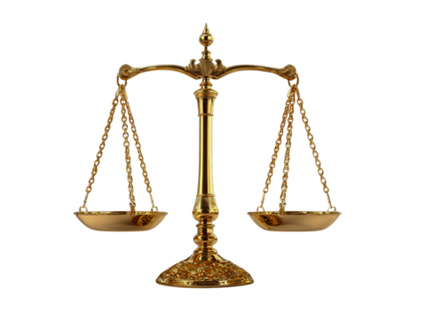 Antique brass balance scale symbolizing justice and legal fairness isolated on transparent background