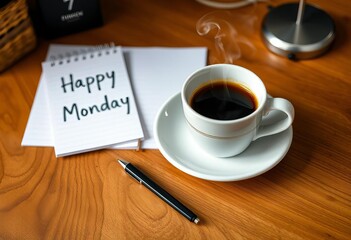 Steaming coffee, "Happy Monday" note, notepad, pen, wood desk, home, work