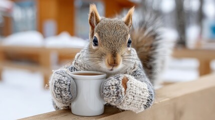 Squirrel holding a warm cup during winter in a snowy outdoor setting