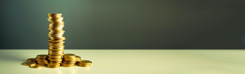 a neat stack of money  Euro coins, set against a vibrant green background. coin stack money green background banner. Euro coins saving copy space. finance growth investment concept