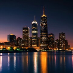Obraz premium Stunning twilight city skyline with glowing lights reflecting on water, modern urban evening panorama.