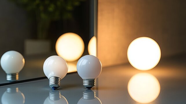 Orange sphere concept: light bulb on a table with reflection in the dark