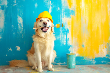 Labrador dog wearing a helmet and holding a paint brush in its mouth. a DIY or home renovation concept. DIY pet home improvement concept