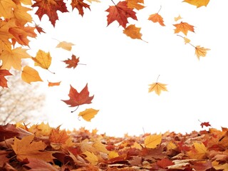 Falling autumn maple leaves against a white sky
