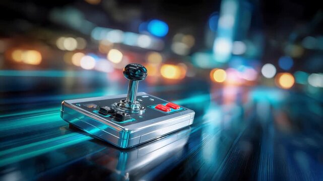 Vintage retro arcade joystick with glowing lights in background, symbolizing gaming nostalgia, technology, and entertainment - Powered by Adobe