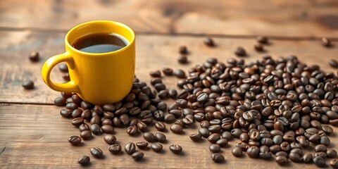 Naklejka premium Yellow coffee cup, coffee beans scattered on rustic wooden table, fall, yellow