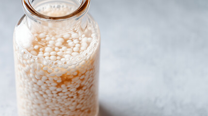 Close up of kefir water fermentation with starter grains floating in glass bottle