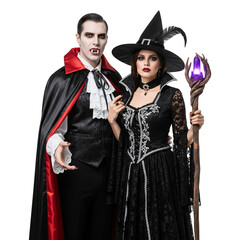 Elegant Vampire and Witch Halloween Couple in Costume