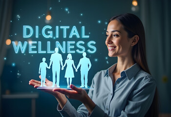 Woman holding holographic family, presenting holographic DIGITAL WELLNESS panel in air