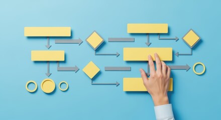 A hand touching a yellow sticky note on a blue background, surrounded by arrows and shapes suggesting a business or organizational concept.