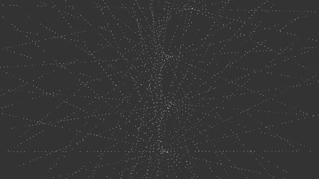 Abstract animation background featuring glowing dots arranged in branching lines that rotate around a central axis over a dark gray backdrop.