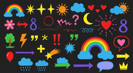 Collection of Hand-Drawn Doodle Elements Rainbows, Stars, Clouds, Hearts, and Symbols for Creative Design