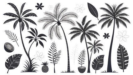 Monochrome tropical scene with palm trees leaves flowers and pineapple in a seamless pattern design created with generated ai