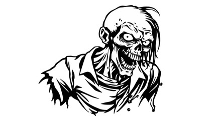A black and white illustration of a grinning, undead zombie with a skeletal face.