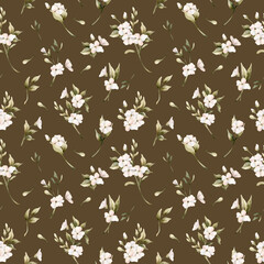 White small flowers with leaves seamless pattern. Jasmine apple blossom. Watercolor hand painted floral illustration
