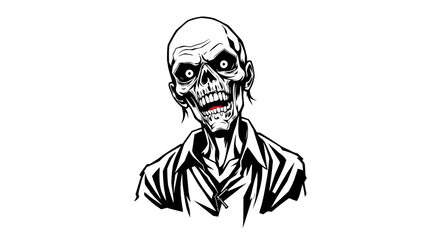 A black and white illustration of a grinning, undead zombie with a skeletal face.