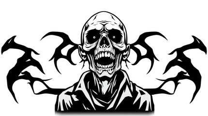 A black and white illustration of a grinning, undead zombie with a skeletal face.