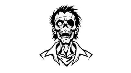 A black and white illustration of a grinning, undead zombie with a skeletal face.