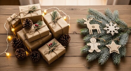 Cozy holiday scene with rustic, gift-wrapped presents and a decorative wreath of pine, pinecones, and wooden ornaments. Warm string lights create a festive atmosphere.