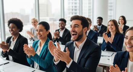 A group of diverse, enthusiastic businesspeople sitting at a table, applauding and smiling. Large windows overlooking a cityscape create a modern, professional atmosphere.