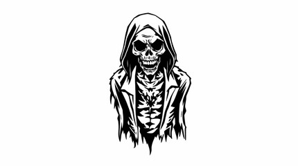 A monochrome illustration of a skeletal figure in a hooded cloak, depicted from the chest up.