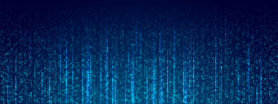 Binary rain background with glowing 0 and 1 digits. Futuristic matrix effect in blue tones. Abstract tech, cyber data stream, software code, computer system, and digital security design. Vector