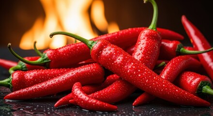 Vibrant red chili peppers with water droplets, set against a dark background with distant flames, suggesting a fiery theme.