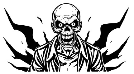 A black and white illustration of a grinning, undead zombie with a skeletal face.