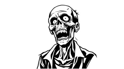 A black and white illustration of a grinning, undead zombie with a skeletal face.
