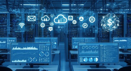 Modern data center with rows of servers, computer hardware, and digital interfaces showcasing cloud computing, data storage, and information processing infrastructure.