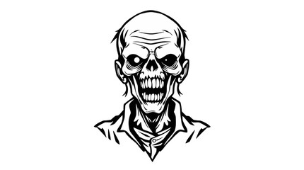 A black and white illustration of a grinning, undead zombie with a skeletal face.