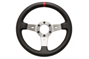 Racing car steering wheel with red stripe and transparent background