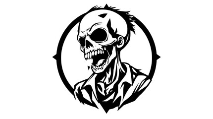 Graphic illustration of a zombie skull with an open mouth, wearing a collared shirt, enclosed in a circular frame.