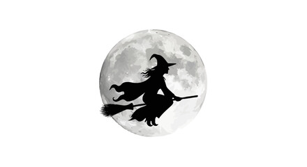 A silhouette of a witch on a broomstick flying in front of a full moon.