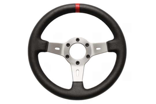 Racing car steering wheel with red stripe and transparent background