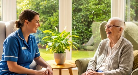 An elderly woman relaxes in an armchair, chatting with a friendly caregiver in a cozy room overlooking a lush garden. The scene conveys a sense of care and connection between the two individuals.
