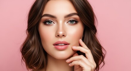 Young woman with flawless makeup and glowing skin on soft pink background. Perfect for beauty, cosmetics, and skincare campaigns. Features natural foundation, defined eyes, and glossy lips.