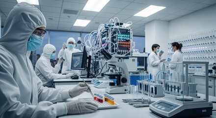 Naklejka premium A group of scientists in protective suits working in a modern medical laboratory, surrounded by advanced equipment and instruments used for scientific research and analysis.