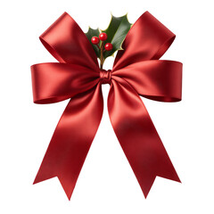 Crimson Satin Christmas Bow with Holly | Festive Red Ribbon Ornament | Elegant Holiday Bow Photorealistic
