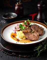 Gourmet sliced meat with mashed potatoes and herbs