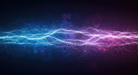Abstract visualization of glowing blue and purple particles forming undulating waves against a dark background.