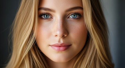 Naklejka premium A close-up portrait of a young woman with flowing blonde hair and piercing blue eyes. Her delicate features and serene expression captivate the viewer's attention.